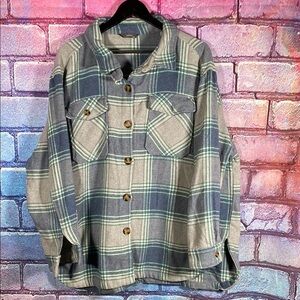 Plaid Shacket XXL Gray Blue Green Flannel Overshirt Button Up Women’s Cozy Fall
